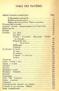 Table des matières de "Recettes de cuisine pratique", édition 1959.